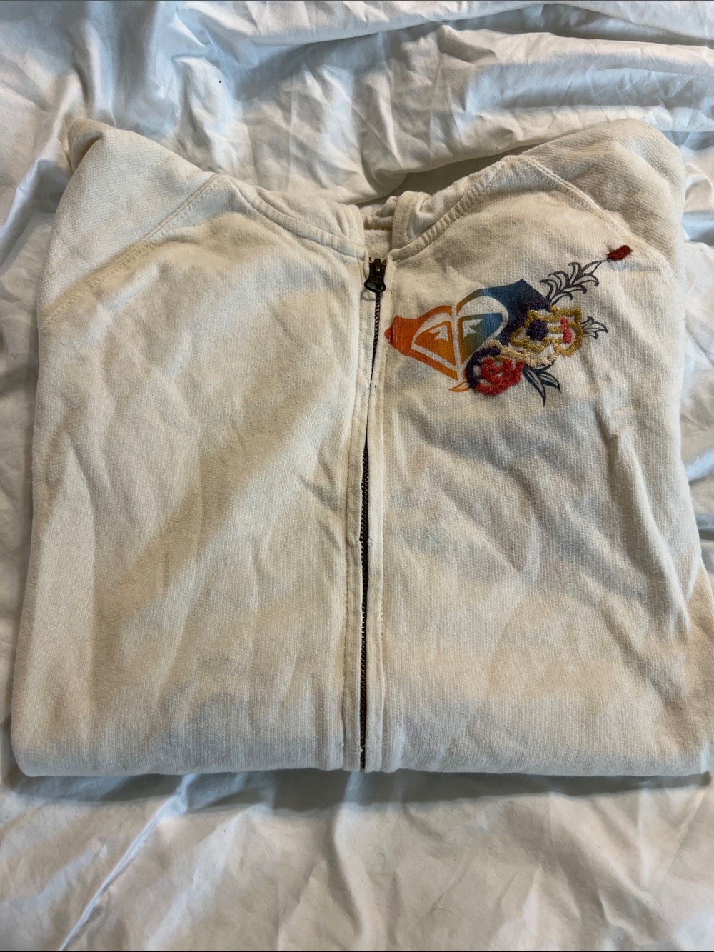 Vintage Roxy Cream Zip Hoodie with Multicolor Floral Emblem